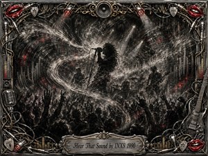 A silhouetted rock singer commands a smoky stage as swirling sound waves sweep through a cheering crowd and shadowed band. Deep charcoal blacks, silver grays, ember reds, and subtle gold create an intense, electric mood. Dramatic spotlights cut through textured haze, while an ornate chrome frame features cables, speakers, guitars, red lips, and engraved title plate.