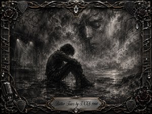 A solitary figure sits hunched on a rain-darkened stage beneath a vast, ghostly face emerging from storm clouds. Deep charcoal blacks, smoky grays, and metallic highlights create a mournful, introspective mood. Musical notes, tears, roses, guitar strings, and ornate chrome-gold framing surround the scene, crowned by the engraved title plate.