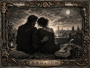 A couple sits closely together on a moonlit rooftop, overlooking a glowing city skyline in a tender, reflective moment. Deep charcoal textures, soft silver-gray lighting, and warm gold accents create a romantic atmosphere. An acoustic guitar, drifting musical notes, roses, piano keys, and ornate metallic filigree enrich the decorative frame.