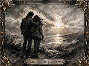 Two figures stand arm in arm on a windswept coastal bluff, gazing toward a radiant horizon beneath turbulent clouds. Deep charcoal textures, silvery grays, and warm golden highlights create a mood of trust, resilience, and hope. An ornate chrome-and-gold musical frame with roses, strings, cables, and an engraved title plate completes the composition.