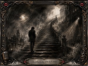 A solitary figure faces a steep staircase winding through a shadowy, dreamlike city toward a distant glow. Deep charcoal blacks, smoky grays, and pale highlights create a reflective, mysterious mood. Feathered textures, mist, moonlight, and architectural shadows enhance the dramatic ascent, framed by ornate musical details, red lips, and metallic gold accents.