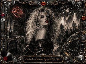 A glamorous blonde woman emerges from a smoky rock-club scene, her vivid red lips contrasting with deep charcoal textures and shadowed stage lighting. Concert silhouettes, glowing spotlights, chrome reflections, and musical motifs create restless energy. An ornate black, gold, and metallic frame surrounds the dramatic composition with vintage rock details and an engraved title plate.