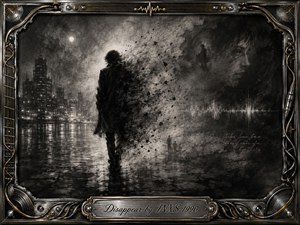 A solitary figure dissolves into drifting charcoal fragments beside a rain-slicked nighttime city, creating a haunting sense of disappearance and memory. Smoky blacks, silvery grays, ghostly faces, soft reflections, and faint sound waves deepen the mysterious mood. An ornate chrome-and-gold musical frame surrounds the dramatic, textured charcoal composition.