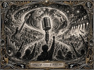 A towering vintage microphone rises before a swirling globe, uniting cheering crowds, flags, guitars, drums, and stage lights in a dramatic worldwide concert scene. Deep charcoal blacks and smoky grays create powerful contrast, while chrome and gold frame details add elegance. Radiant sound waves and sweeping textures suggest energy, unity, and global connection.