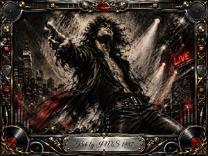 A dramatic charcoal rock performer lunges forward beneath blazing stage lights, surrounded by smoky city shadows, speaker stacks, and vivid crimson accents. Feathered black textures and sharp white highlights create restless motion and rebellious energy. An ornate chrome-and-gold music-themed frame features red lips, vinyl records, cables, knobs, and the engraved Kick by INXS 1987 title plate.