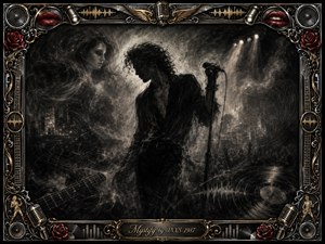 A shadowed singer leans into a microphone amid swirling charcoal smoke, ghostly faces, guitar forms, vinyl grooves, and hazy stage lights. Deep blacks, silver grays, gold accents, and vivid red roses and lips create a seductive, mysterious mood, framed by ornate rock-inspired metalwork and an engraved title plate.