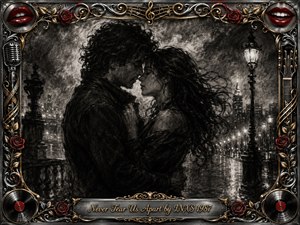 A windswept couple embraces beneath glowing city lamps in a dramatic charcoal nightscape, their near-touching faces conveying devotion, longing, and intimacy. Deep blacks, smoky grays, and luminous highlights create romantic noir atmosphere. An ornate silver-and-gold musical frame, accented with red roses, lips, records, and instruments, surrounds the scene.