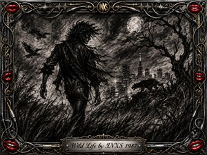 A windswept figure strides through a moonlit charcoal wilderness toward a distant glowing city, surrounded by ravens, tangled grass, a prowling black cat, and twisted branches. Smoky blacks and silvery grays create a brooding, restless mood, while red lips, gold filigree, cables, and musical motifs enliven the ornate metallic frame.