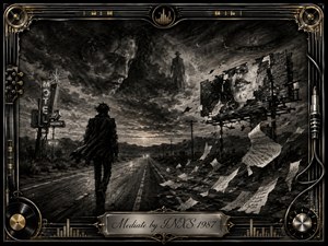 A solitary figure walks a desolate desert highway beneath stormy charcoal skies, surrounded by ghostly faces, torn billboards, drifting handwritten pages, and a fading motel sign. Deep blacks, silvery grays, and restrained gold accents create a brooding, surreal atmosphere, framed by ornate chrome, musical hardware, and an engraved title plate.
