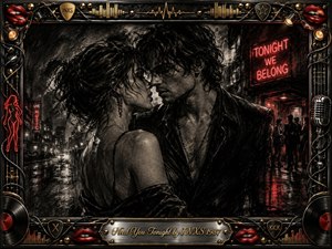 A charcoal-rendered couple lean close in a rain-soaked nighttime street, charged with sensual tension and intimacy. Smoky blacks and grays dominate, punctuated by glowing red neon reflections. An ornate chrome-and-gold rock frame surrounds the scene with lips, records, cables, microphone details, and an engraved title plate.
