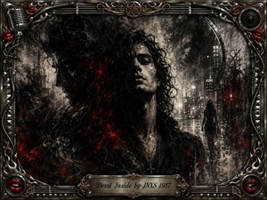 A brooding figure emerges from a rain-soaked city night, half-hidden in feathered charcoal shadows and fractured reflections. Deep blacks, smoky grays, and flashes of crimson create a tense, seductive mood. Ornate chrome and gold rock motifs frame the scene, while dramatic lighting, gritty textures, and distant silhouettes suggest inner conflict and temptation.