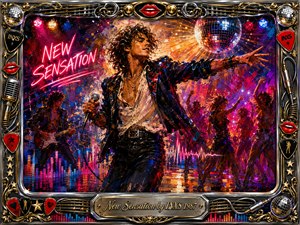 A charismatic singer commands a vibrant 1980s stage as dancers, neon lights, and a glittering disco ball pulse around him. Hot pink, electric blue, gold, and violet create an exhilarating nightlife mood. Expressive digital brushwork, glowing sound waves, chrome details, musical ornaments, and the engraved frame intensify the energetic composition.