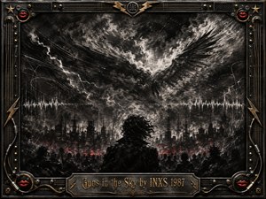 A lone silhouetted figure faces a turbulent industrial skyline beneath vast, winglike charcoal storm clouds. Jagged sound waves, smoky textures, and faint crimson embers create an ominous, electric mood. High-contrast black, gray, gold, and red dominate, framed by ornate rock-inspired metalwork, guitar strings, lightning motifs, and an engraved title plaque.