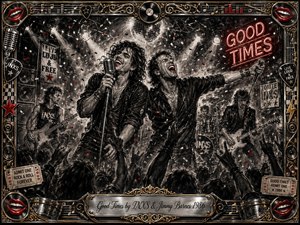 A roaring 1980s rock concert erupts with two passionate singers commanding center stage as guitars, drums, raised hands, confetti, and smoke surround them. Deep charcoal textures dominate, sharpened by chrome, gold, and vivid red accents. Dramatic spotlights and neon glow energize the ornate music-themed frame and engraved title plate.