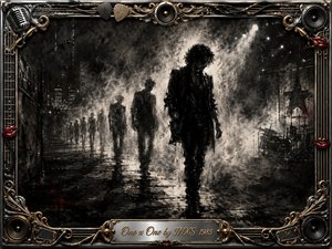 A lone dark figure advances through a smoky urban stage as ghostly silhouettes recede behind him, suggesting rhythm and progression. Deep charcoal blacks, dusty grays, and stark white spotlights create a brooding cinematic mood. An ornate chrome-and-gold music-themed frame, red lips, speakers, cables, and engraved title plate complete the dramatic composition.