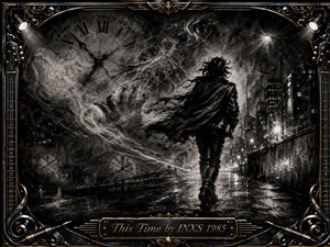 A lone figure strides through a rain-slicked city beneath ghostly clock faces and swirling charcoal mist, suggesting urgency, memory, and determination. Deep blacks, smoky grays, and sharp white highlights create dramatic contrast, while subtle gold accents enrich the ornate guitar-inspired frame and engraved This Time by INXS 1985 title plate.