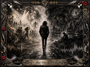 A solitary figure walks between radiant memories and shadowed isolation in a dramatic charcoal cityscape. Warm stage lights, dancing silhouettes, smoky faces, and musical energy contrast with dark water, a brooding skyline, and a clock. An ornate chrome-and-gold rock-themed frame, red lips, vinyl details, and engraved title plate complete the cinematic composition.