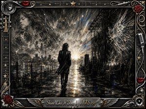 A solitary figure walks across rain-slick pavement toward a brilliant horizon, framed by a shadowy waterfront city and backstage structures. Deep feathered charcoal textures create a dreamlike, reflective mood, enriched by silver, muted gold, and cool blue highlights. Ornate chrome, musical details, roses, red lips, wings, and stars complete the luminous composition.