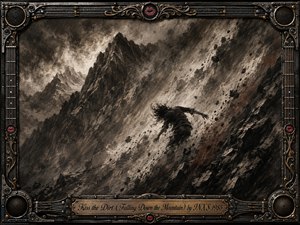 A lone figure tumbles across a steep, storm-darkened mountain slope as dust, stones, and charcoal fragments sweep diagonally through the scene. Deep blacks, smoky grays, sepia earth tones, and restrained rust accents create a brooding atmosphere. Feathered charcoal textures, dramatic lighting, and rugged rock-inspired framing emphasize danger, motion, surrender, and raw emotional intensity.