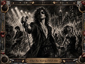 A charismatic singer dominates a smoky nighttime concert scene, gripping a microphone as a guitarist, dancer, and energized crowd surround him. Deep feathered charcoal textures create dramatic shadows beneath bright stage lights and a glowing city skyline. Chrome, gold, red lips, speakers, and music hardware form an ornate rock-inspired frame.