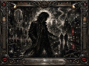 A brooding figure stands amid a rain-darkened city of glowing windows, drifting smoke, and shadowy silhouettes, rendered in richly feathered charcoal. Stark black, gray, crimson, and gold tones create tense nocturnal drama. Microphones, cables, speakers, guitars, and red lips ornament an elaborate metallic frame surrounding the mysterious rock-noir scene.