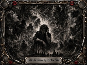 A brooding central figure sits amid swirling charcoal faces and shadowy silhouettes, surrounded by ghostlike voices and flowing sound waves. Deep blacks, smoky grays, and sharp white highlights create dramatic tension. An ornate chrome-and-gold musical frame, accented with red lips, speakers, cables, and engraved title plate, completes the powerful rock-inspired composition.