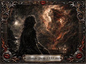 A solitary rock figure gazes toward a luminous woman formed from smoke, fire, and drifting embers above a moonlit coast. Deep charcoal blacks and smoky grays contrast with glowing crimson and orange highlights, creating a passionate, dreamlike mood. Ornate chrome, gold, guitar-string, flame, and red-lip details frame the dramatic scene.