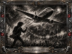 A dramatic charcoal jet sweeps above a nighttime rock concert and glowing city skyline, evoking motion, freedom, and restless energy. Smoky clouds, stage lights, sound-wave streaks, and cheering silhouettes create cinematic tension. An ornate chrome-and-gold musical frame, accented with red lips, microphones, cables, and engraved title plate, completes the composition.