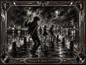 A windswept jetty stretches into dark, restless water as silhouetted dancers move beneath a glowing moon and distant city lights. Deep charcoal textures, smoky grays, and bright reflections create a raw, nocturnal mood. An ornate chrome-and-gold musical frame surrounds the scene, with records, cables, stage lights, and an elegant engraved title plate.