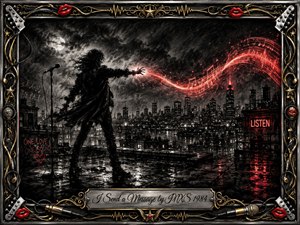 A windswept figure stands on a rain-dark rooftop, sending a glowing red musical message across a shadowy city skyline. Deep charcoal textures, moonlit clouds, wet reflections, and neon accents create an urgent, romantic mood. An ornate chrome-and-gold rock frame surrounds the scene, with microphones, cables, red lips, and engraved title plate.