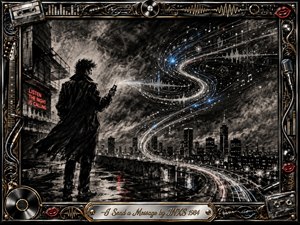 A solitary figure stands above a rain-slicked nighttime city, sending luminous signals into a sweeping S-shaped current of sound waves and musical symbols. Deep feathered charcoal textures create a brooding, romantic mood, accented by electric blue, red neon, chrome, and gold. An ornate music-themed frame completes the dramatic composition.