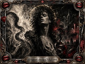A brooding figure emerges from deep feathered charcoal, surrounded by smoky curves, a fractured halo, and a shadowy city-stage backdrop. Crimson accents, metallic gold, and stark monochrome lighting create a seductive, dangerous mood. An ornate chrome frame features red lips, guitar picks, cables, and engraved rock details.