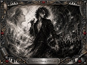 A brooding singer dominates a charcoal concert scene, surrounded by smoky city lights, spectral faces, crowd silhouettes, and sweeping sound-wave lines. Stark black, white, silver, and gray create dramatic contrast, while tiny red lips add vivid accents. An ornate chrome-and-gold musical frame completes the expressive 1980s rock atmosphere.