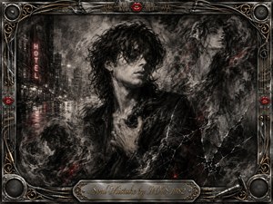 A brooding young figure stands against a rain-soaked nocturnal city, surrounded by ghostly faces, fractured shadows, and swirling charcoal textures. Deep blacks, smoky grays, silver highlights, and restrained red accents create a haunted, introspective mood. An ornate chrome-and-gold musical frame, red lips, cables, speakers, and engraved title plate complete the dramatic composition.