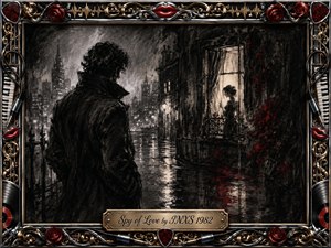 A shadowy figure watches a softly lit woman from a rain-slicked city street, creating a mood of secrecy, longing, and romantic tension. Deep charcoal textures, smoky blacks, muted grays, and crimson accents dominate the scene. An ornate chrome-and-gold musical frame with roses, red lips, cables, and vinyl details surrounds the nocturnal composition.