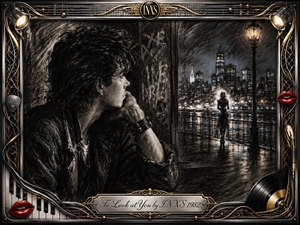 A contemplative man gazes across a rain-slicked waterfront toward a distant glowing figure and luminous city skyline. Deep feathered charcoal textures create a romantic, mysterious mood, accented by silver, gold, amber, and vivid red. An ornate music-themed frame of strings, chrome, vinyl, piano keys, and red lips surrounds the scene.