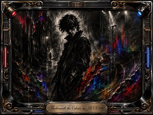 A brooding young figure stands in a rain-darkened urban alley, surrounded by smoky charcoal textures and bursts of crimson, blue, violet, green, and gold. Dramatic spotlights, a microphone, equalizer patterns, and swirling color trails evoke hidden emotion and music, while an ornate chrome-and-gold frame completes the cinematic composition.