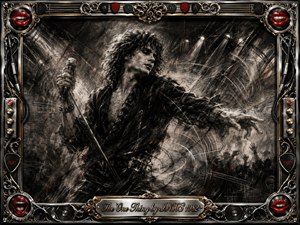 A brooding rock singer dominates a smoky concert scene, gripping a microphone while reaching dramatically into swirling charcoal textures and fractured stage light. Deep blacks, silvers, and warm red accents create a sensual, urgent mood. An ornate chrome-and-gold musical frame features red lips, guitar picks, controls, cables, and an engraved title plate.