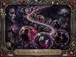 A surreal midnight party unfolds through glowing glass bubbles sweeping in an S-curve across a shadowy cityscape. Singers, dancers, clocks, romance, confetti, and mirrored disco lights suggest celebration touched by mystery and passing time. Deep blues, violet, silver, gold, and neon red glow within a richly detailed mixed-media frame.