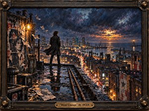 A solitary figure stands on a rain-slick rooftop above a glowing coastal city, facing a storm-dark harbor and distant beacon. Deep blues, charcoal, teal, and amber reflections create a brooding yet resilient mood. Textured painterly brushwork, windblown papers, wet surfaces, dramatic clouds, and an industrial music-inspired frame reinforce steadfastness amid change.