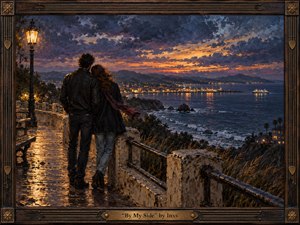 A couple stands close together on a rain-slick coastal promenade, overlooking a glowing harbor beneath a dramatic twilight sky. Deep blues, violet clouds, and warm amber lights create a tender, reflective mood. Thick painterly textures, wet stone reflections, windswept clothing, distant boats, and an ornate music-inspired frame enhance the handcrafted atmosphere.