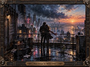 A couple stands embraced on a rain-soaked rooftop overlooking a glowing harbor city at sunset. Deep blues, charcoal shadows, and warm orange light create a reflective, steadfast mood. Painterly textures, wet reflections, distant neon, storm clouds, scattered objects, and an intricate guitar-inspired metal frame reinforce themes of constancy amid change.