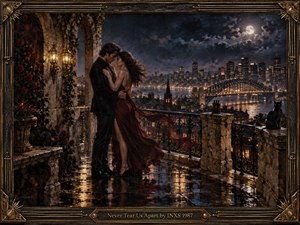 A devoted couple embraces on a rain-slicked moonlit terrace above a glowing harbor city, framed by weathered stone arches, roses, ironwork, and a distant illuminated bridge. Deep midnight blues, bronze, amber, and crimson create a romantic, melancholic mood, with cinematic oil-painting textures, reflective pavement, windblown fabric, and ornate Art Deco framing.