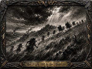 A storm-darkened mountain slope erupts with frantic movement as shadowy riders pursue fleeing figures across rugged terrain. Deep charcoal textures dominate the dramatic monochrome scene, pierced by pale shafts of turbulent light. An ornate black-metal frame with gold filigree, barbed wire, and guitar details surrounds the intense, cinematic composition.