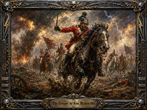 A fierce cavalry trooper charges through a smoke-filled battlefield beneath a stormy sky, sword raised as mounted soldiers surge behind him. Rich reds, blackened earth, metallic gold, and fiery orange dominate the dramatic oil-painted scene. An ornate skull-and-guitar frame surrounds the action, with an engraved title plate below.
