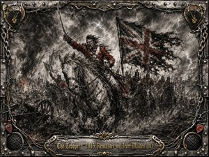 A fierce cavalry trooper charges through a smoke-choked battlefield beneath a stormy sky, sword raised and tattered flag streaming behind him. Deep charcoal textures, selective crimson accents, lightning, sparks, and galloping riders create relentless motion. A battle-worn metal frame of chains, rivets, guitar motifs, and gold inlay completes the dramatic composition.