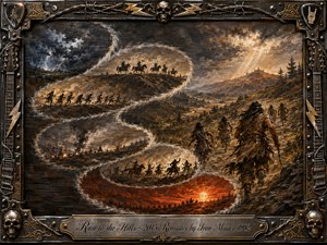 A storm-dark frontier unfolds through a sweeping S-curve of ghostly historical scenes, where mounted riders and fleeing figures cross rugged hills beneath lightning, smoke, and fiery sunsets. Rich charcoal browns, black, bronze, and ember red create a tense, tragic mood, framed by ornate metalwork, skulls, barbed wire, and guitar details.