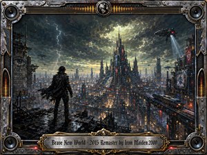 A lone dark-clad figure overlooks a vast futuristic metropolis beneath violent storm clouds and lightning. Steel towers, glowing transit lines, surveillance drones, and propaganda imagery create an ominous dystopian mood. Painterly oil textures blend charcoal blues, metallic gray, amber lights, and red accents, framed by ornate chrome, gold, speakers, rivets, and engraved detailing.