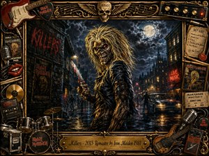 A menacing undead figure stalks a rain-soaked city street beneath a stormy full moon, gripping a bloodied knife. Deep charcoal shadows, black leather, bronze highlights, and vivid red accents create a sinister heavy-metal mood. Ornate gold framing surrounds the scene with guitars, drums, tickets, amplifiers, and vintage memorabilia, blending cinematic realism with dramatic illustrated detail.