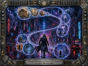 A lone dark figure strides through a rain-soaked futuristic city as glowing time bubbles spiral overhead in a sweeping S-curve, revealing ancient ruins, clocks, storms, distant worlds, and alternate eras. Electric blues, violets, crimson neon, and metallic highlights create a tense cinematic mood, framed by intricate chrome, gold, and guitar-inspired details.